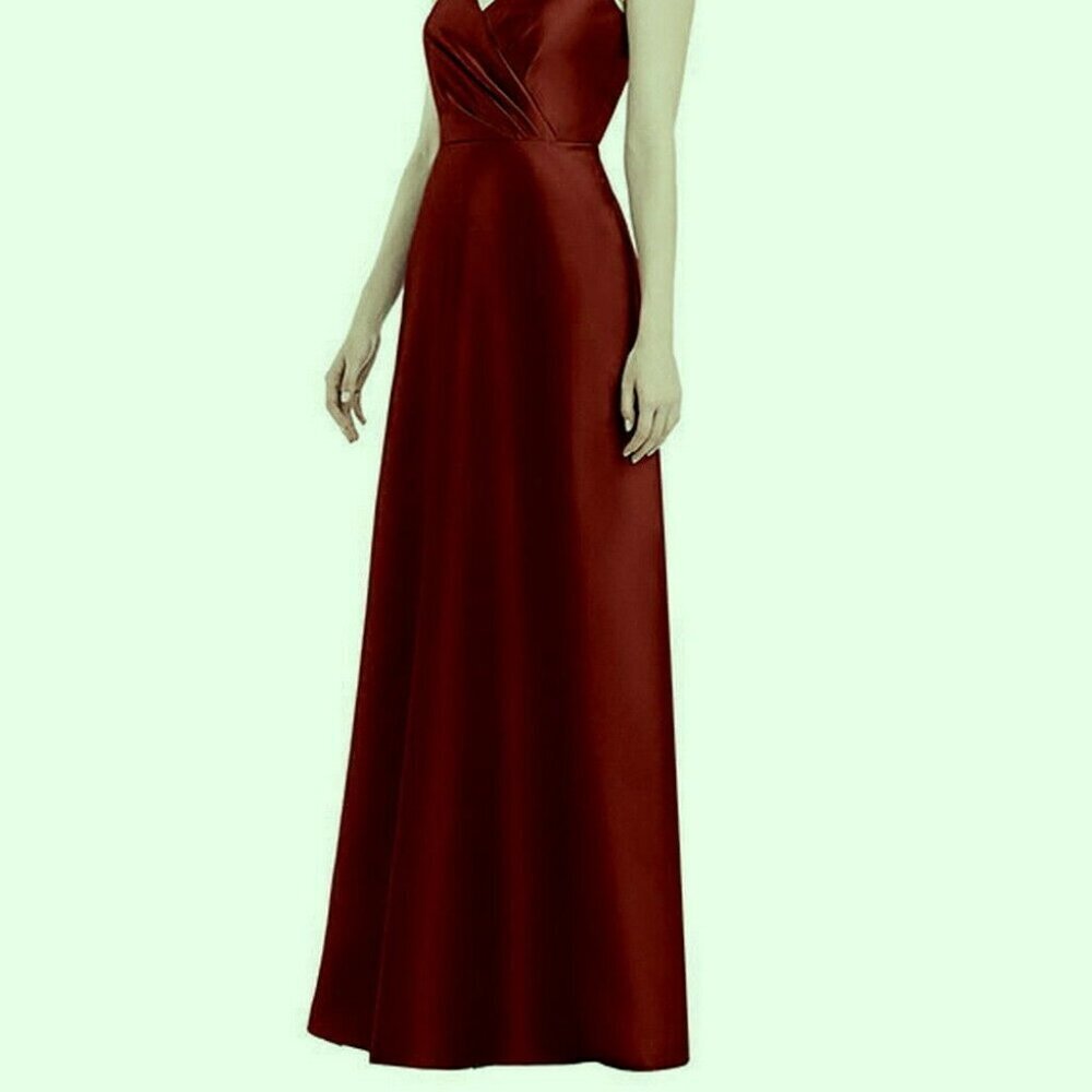 Alfred Sung Burgundy Draped Wrap Satin Maxi Dress With Pockets - Picture 2 of 4